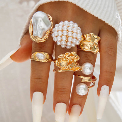 Irregular Pearl Ring Set Trendy Gold Retro Geometric Statement Rings