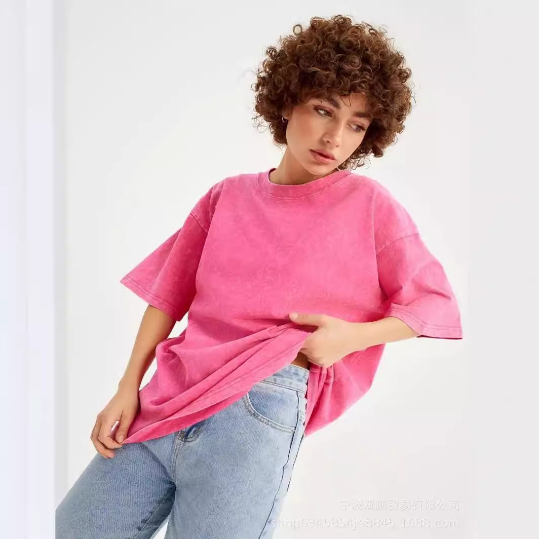 Washed Distressed Loose Short Sleeves Top