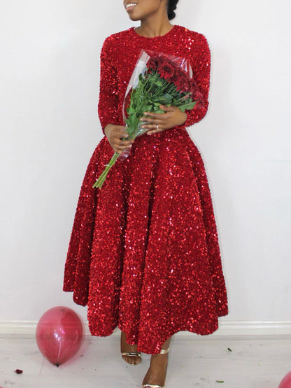 Elegant Long Sleeve Sequin A-Line Dress For Evening Events