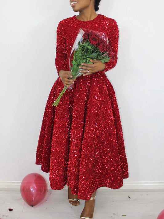 Elegant Long Sleeve Sequin A-Line Dress For Evening Events