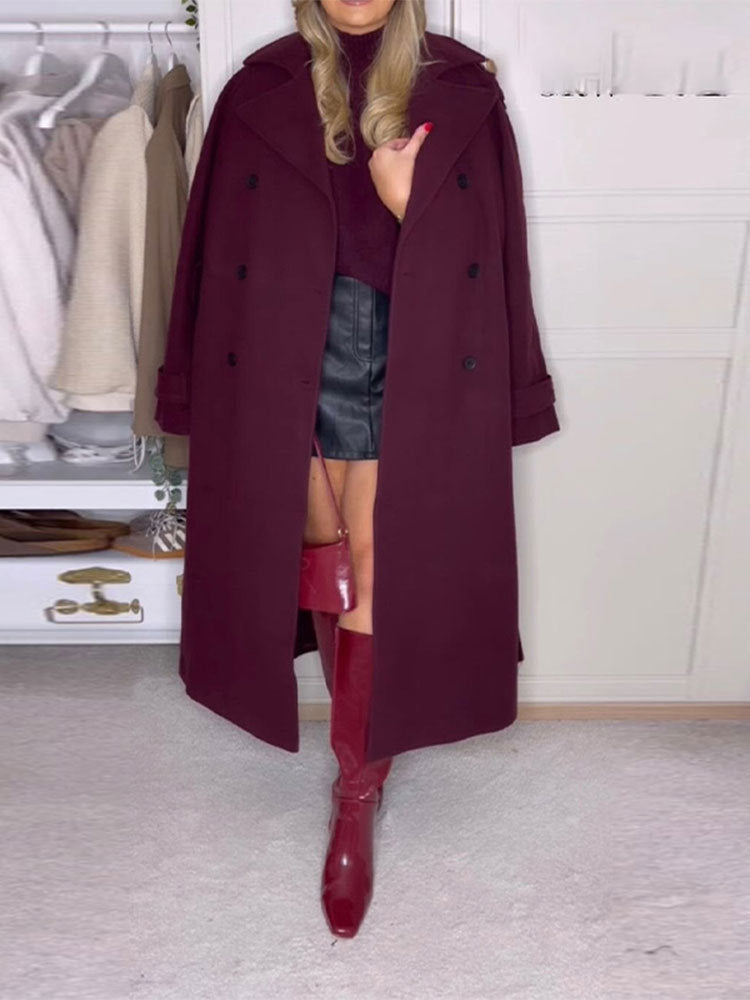 Belted Wool Coat Double Breasted Burgundy