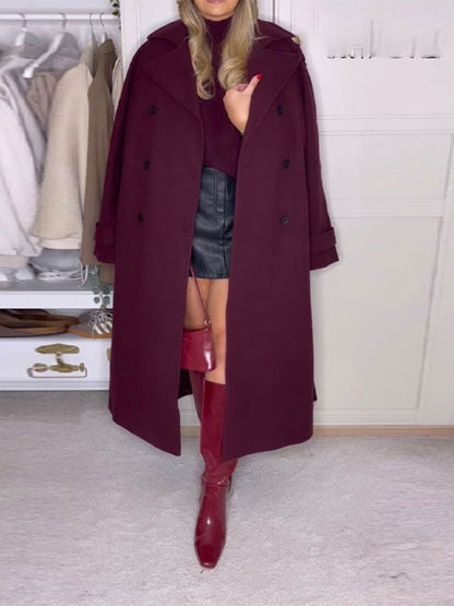 Belted Wool Coat Double Breasted Burgundy