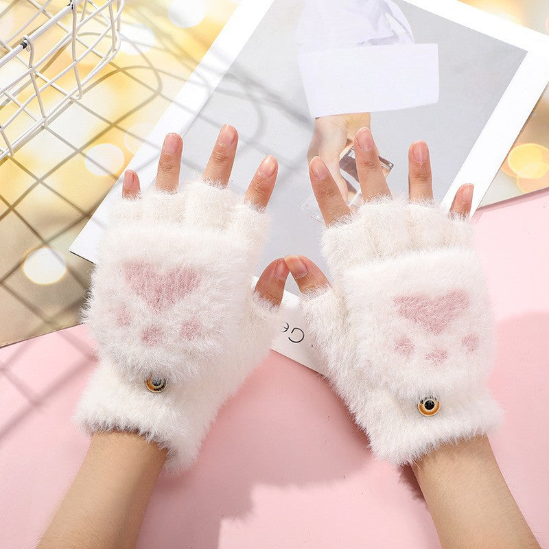 Cute Cat Paw Plush Fingerless Gloves Warm Knit Mittens