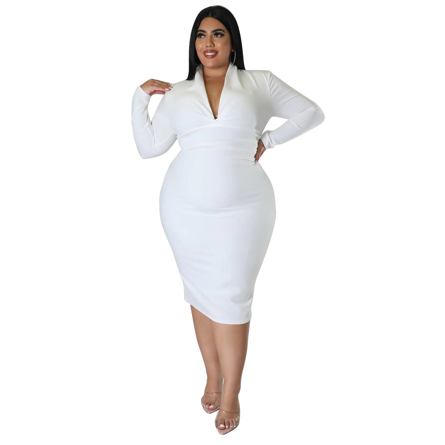 Casual V-Neck Long Sleeve Dress In Solid Colors