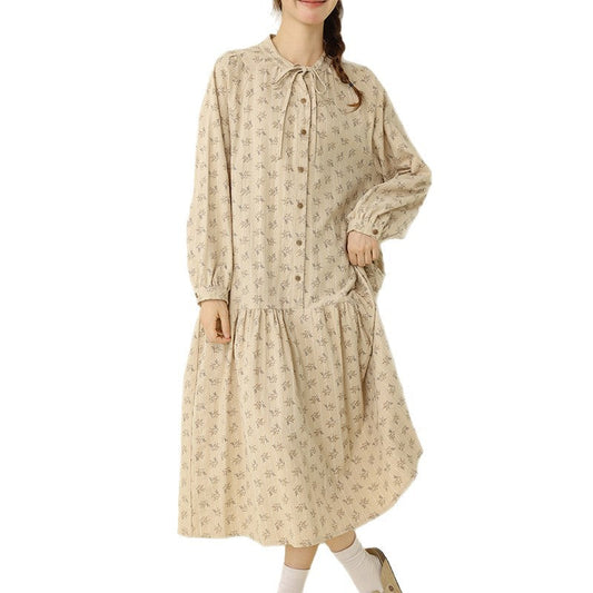 Sweet Floral A-Line Long Sleeve Dress Cotton Casual Style
