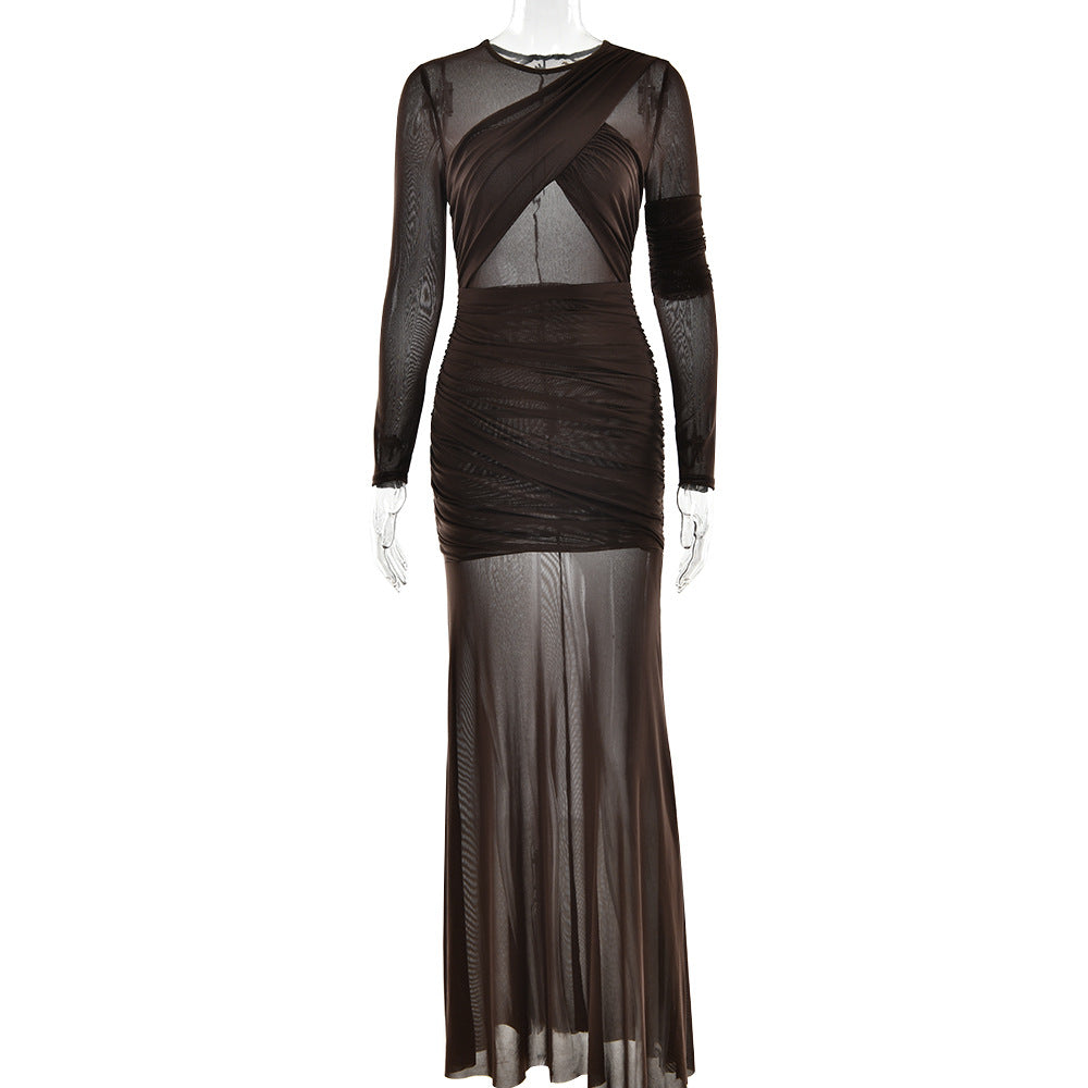 Sexy Long Sleeve Sheer Mesh Maxi Dress