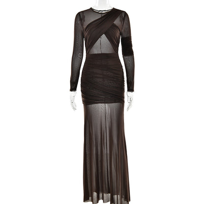Sexy Long Sleeve Sheer Mesh Maxi Dress
