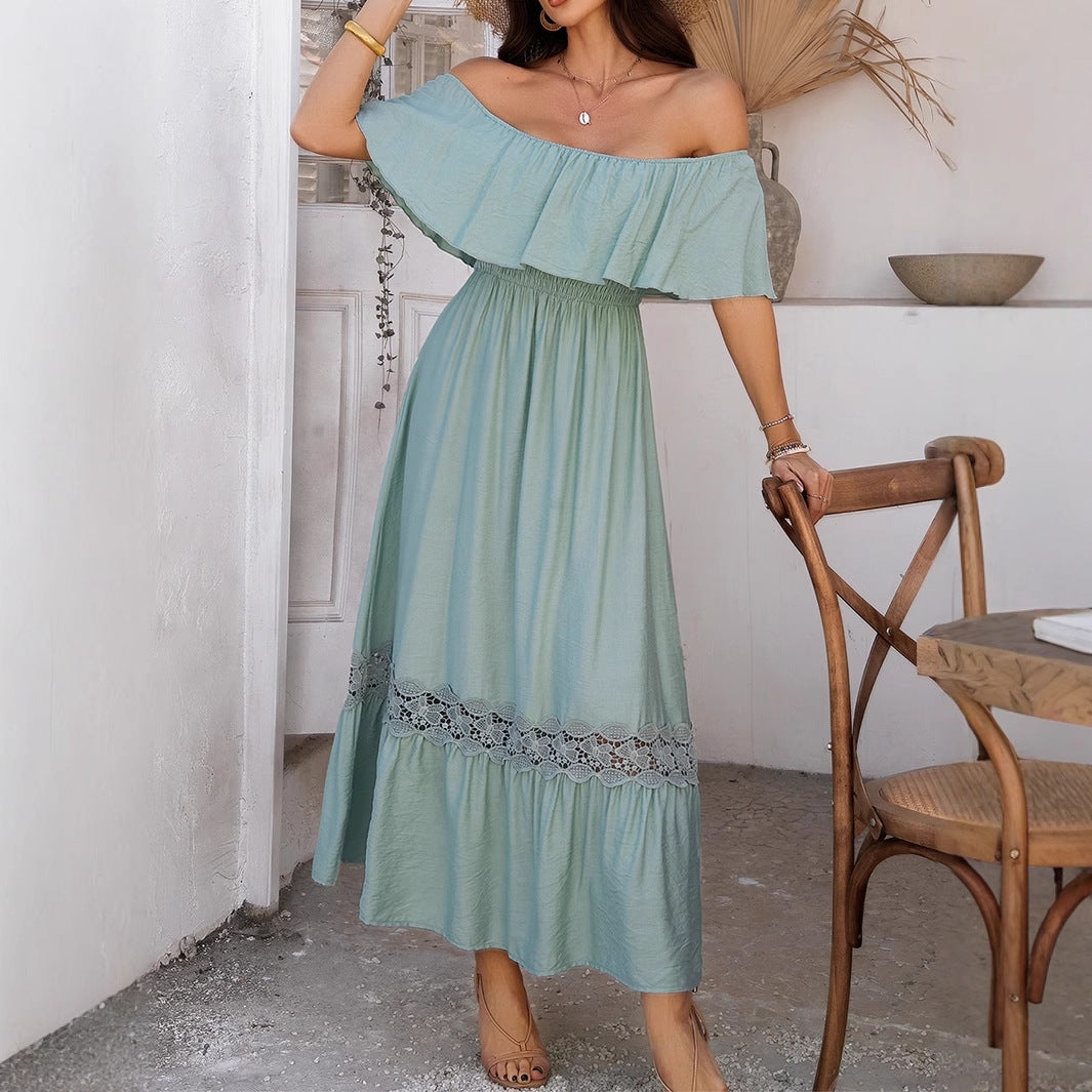 Off-Shoulder Waist-Defined Maxi Dress with Ruffle Sleeves