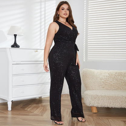 Plus Size Sequin V-Neck Jumpsuit Elegant Casual Wear