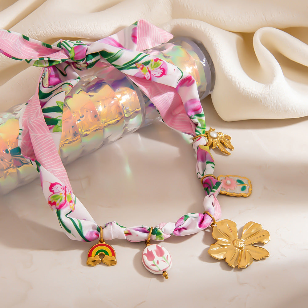 Colorful Cashew Flower Necklace Stainless Steel Pendant 18K Gold Plated Fashion Jewelry