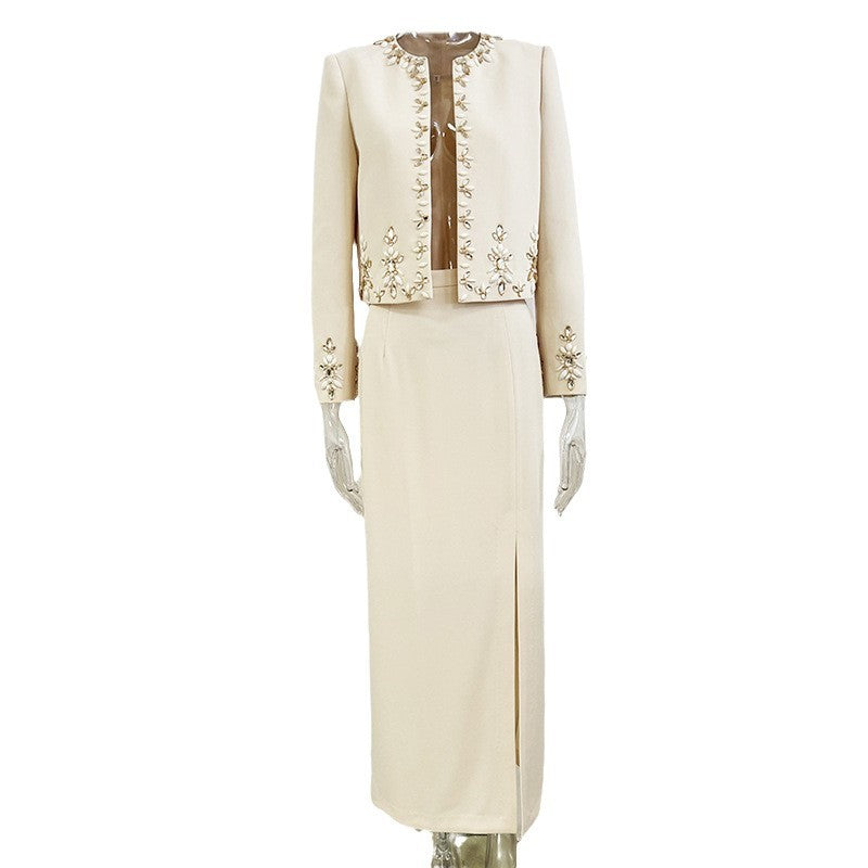 Beaded Cardigan Set With Long Skirt