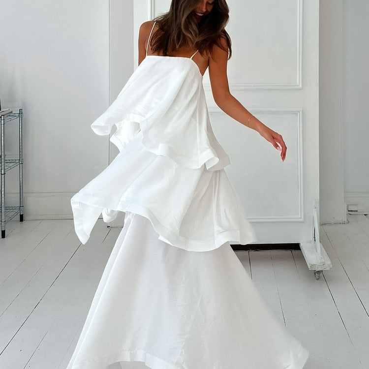 French Style Sleeveless Satin Midi Dress with Relaxed Fit