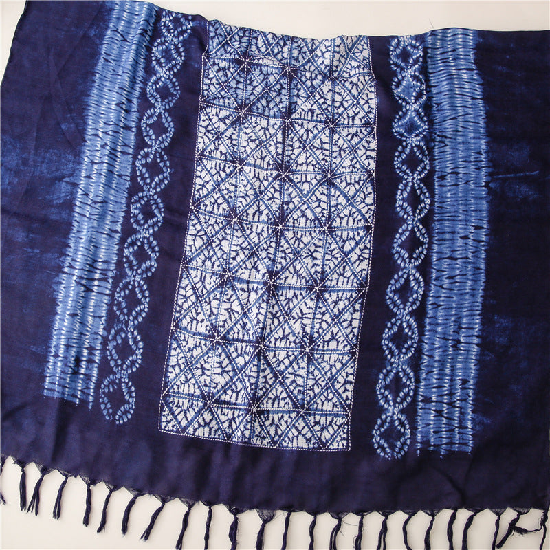 Dyed Blue And White Porcelain Series Cotton And Linen Scarf Travel Shawl Literary Accessories