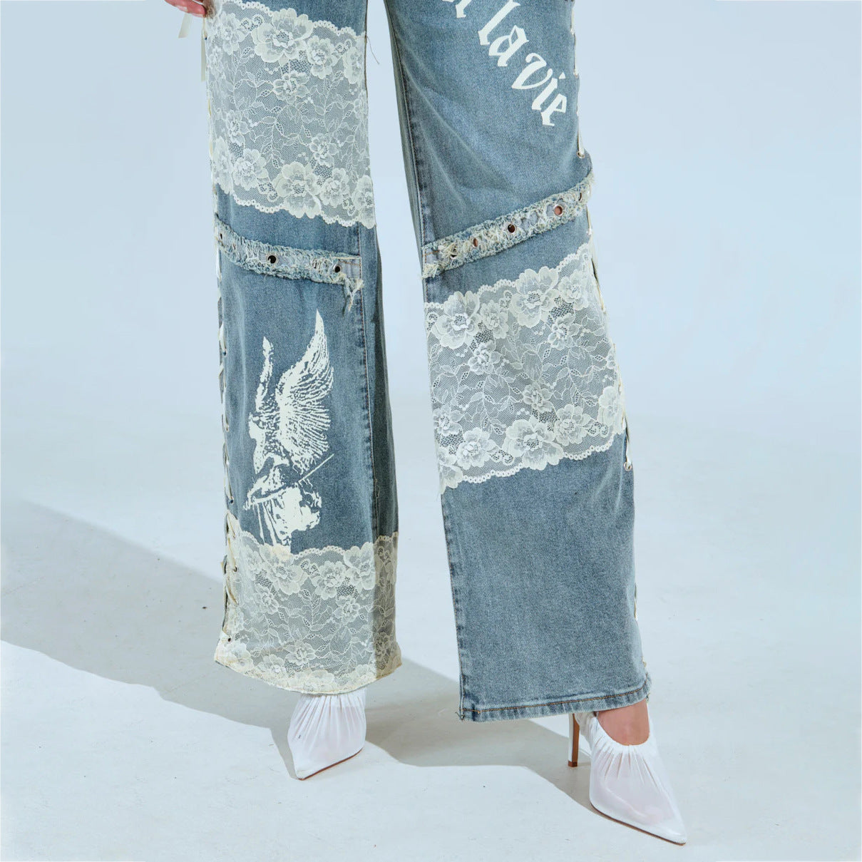 Lace Splicing Low Rise Straight Leg Jeans