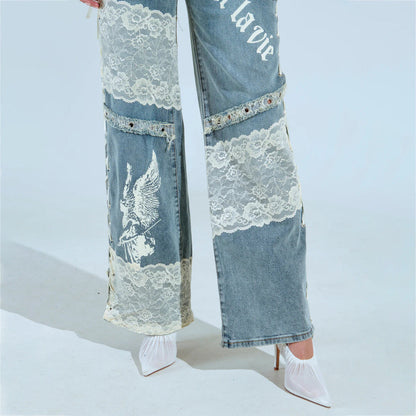 Lace Splicing Low Rise Straight Leg Jeans