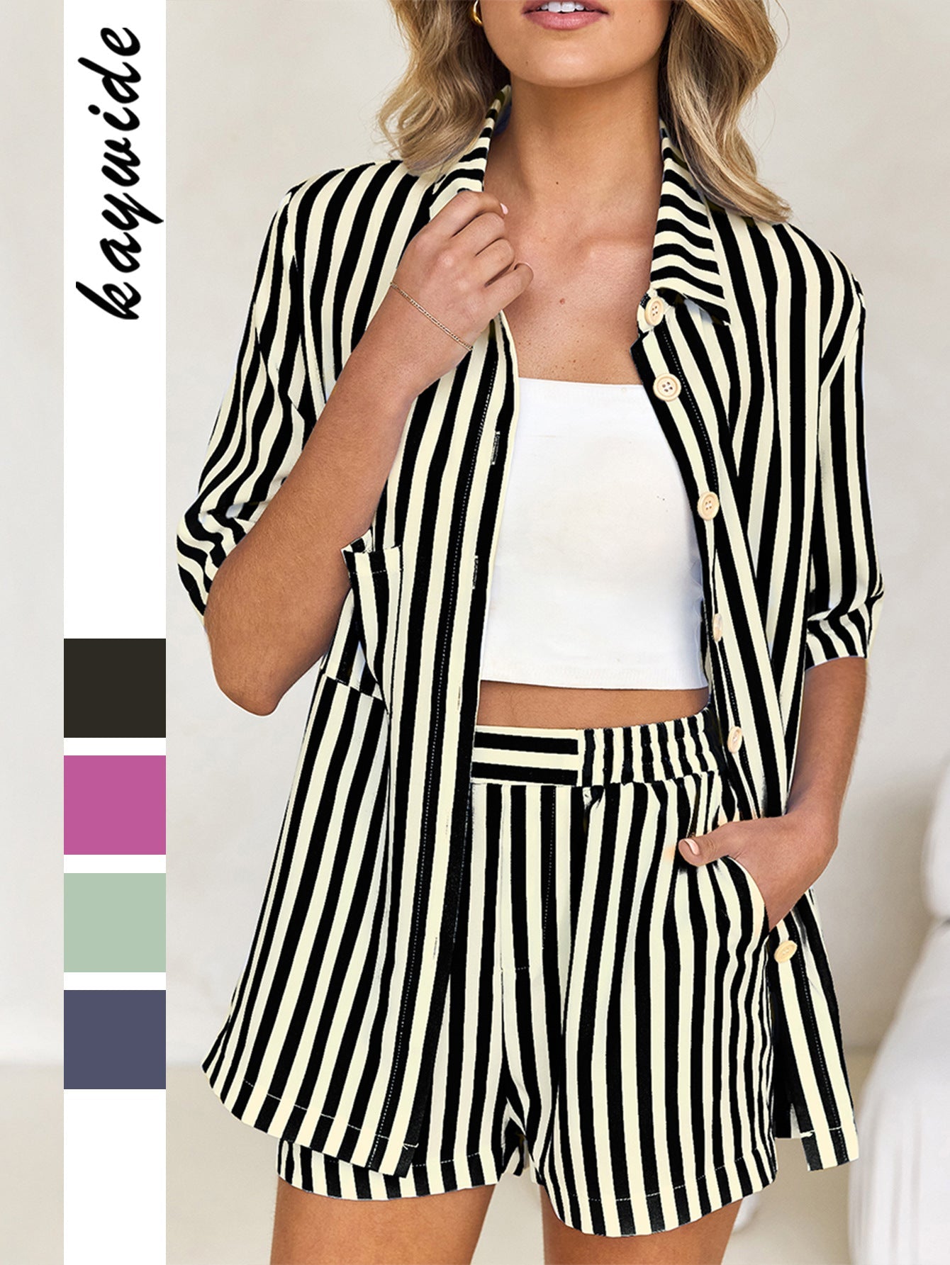 Striped Button-Up Shirt and Shorts Set for Women