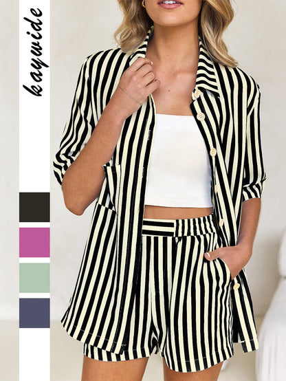 Striped Button-Up Shirt and Shorts Set for Women