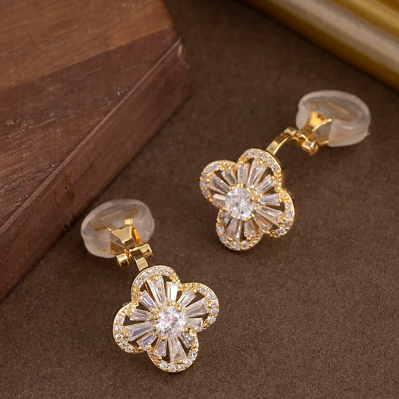 Trendy Gold Clovers Ear Clips With Zirconia Stones For Women