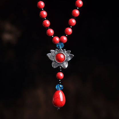 Retro Lotus Pendant Vermilion Decoration Necklace Simple Accessories Pendant Clothes Pendant National Style Sweater Chain