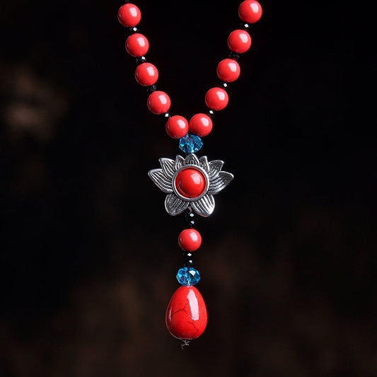 Retro Lotus Pendant Vermilion Decoration Necklace Simple Accessories Pendant Clothes Pendant National Style Sweater Chain