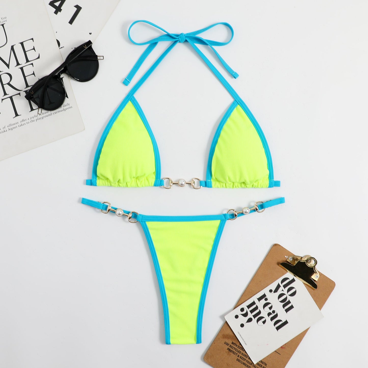 Color Block Halter Backless Swimwear