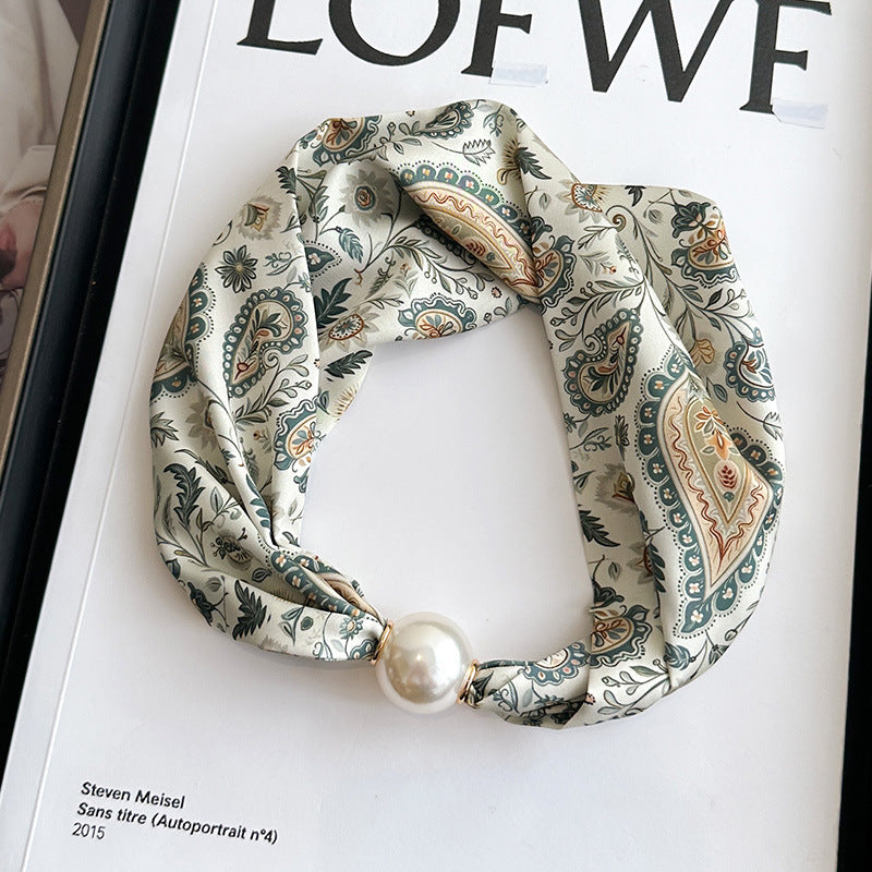 Elegant Print Large Pearl Silk Scarf
