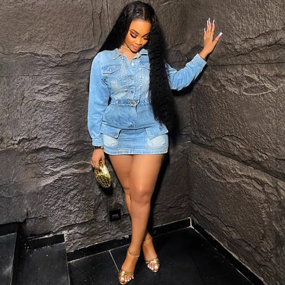 Elastic Denim Dress With Pockets Stylish Casual Mini Dress