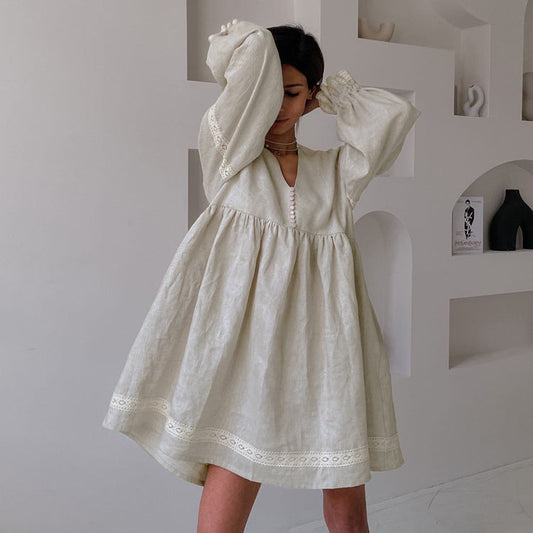 French Style V-Neck Lantern Sleeve A-Line Dress Casual Cotton Linen Blend
