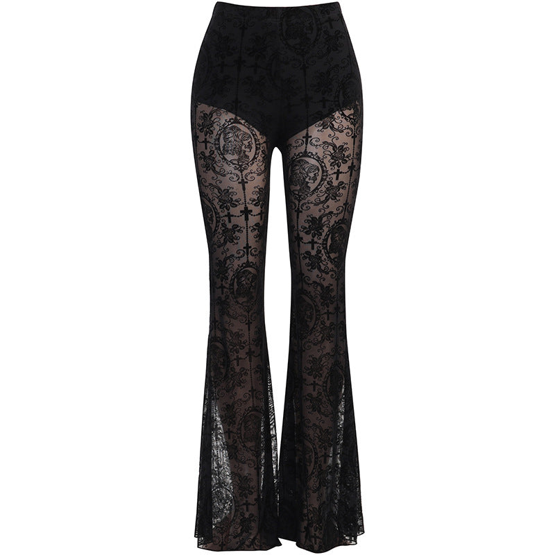 Summer Casual High-Waisted Flared Pants with Lace Detail