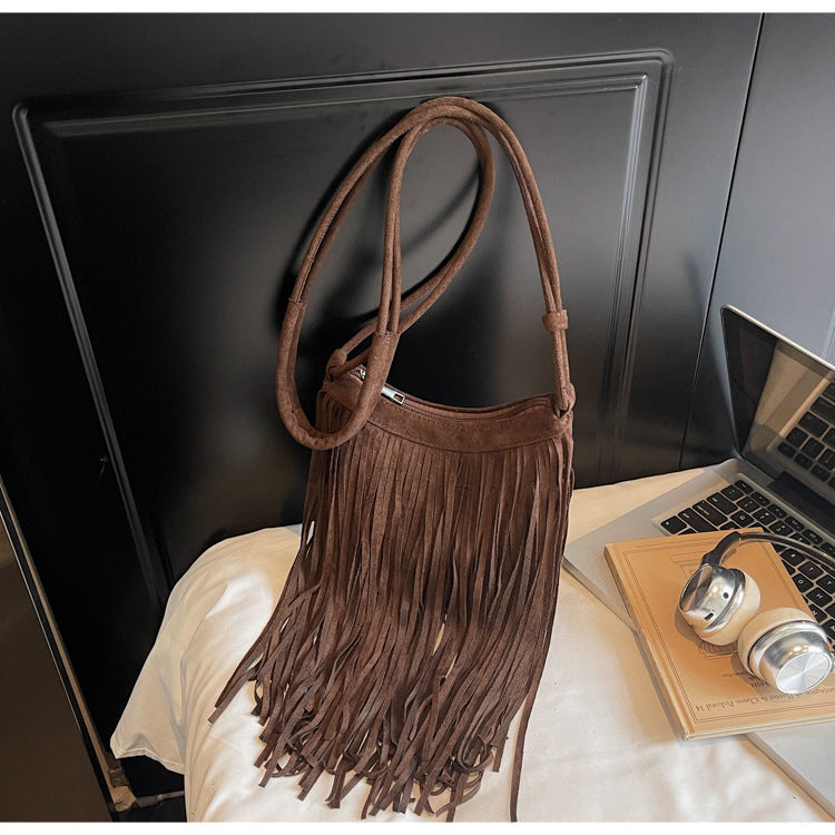 Vintage Suede Fringe Crossbody Bag Stylish PU Leather Shoulder Bag