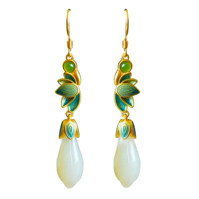 925 Silver Plated Magnolia Flower White Jade Retro Palace Style Long Women'S Earrings