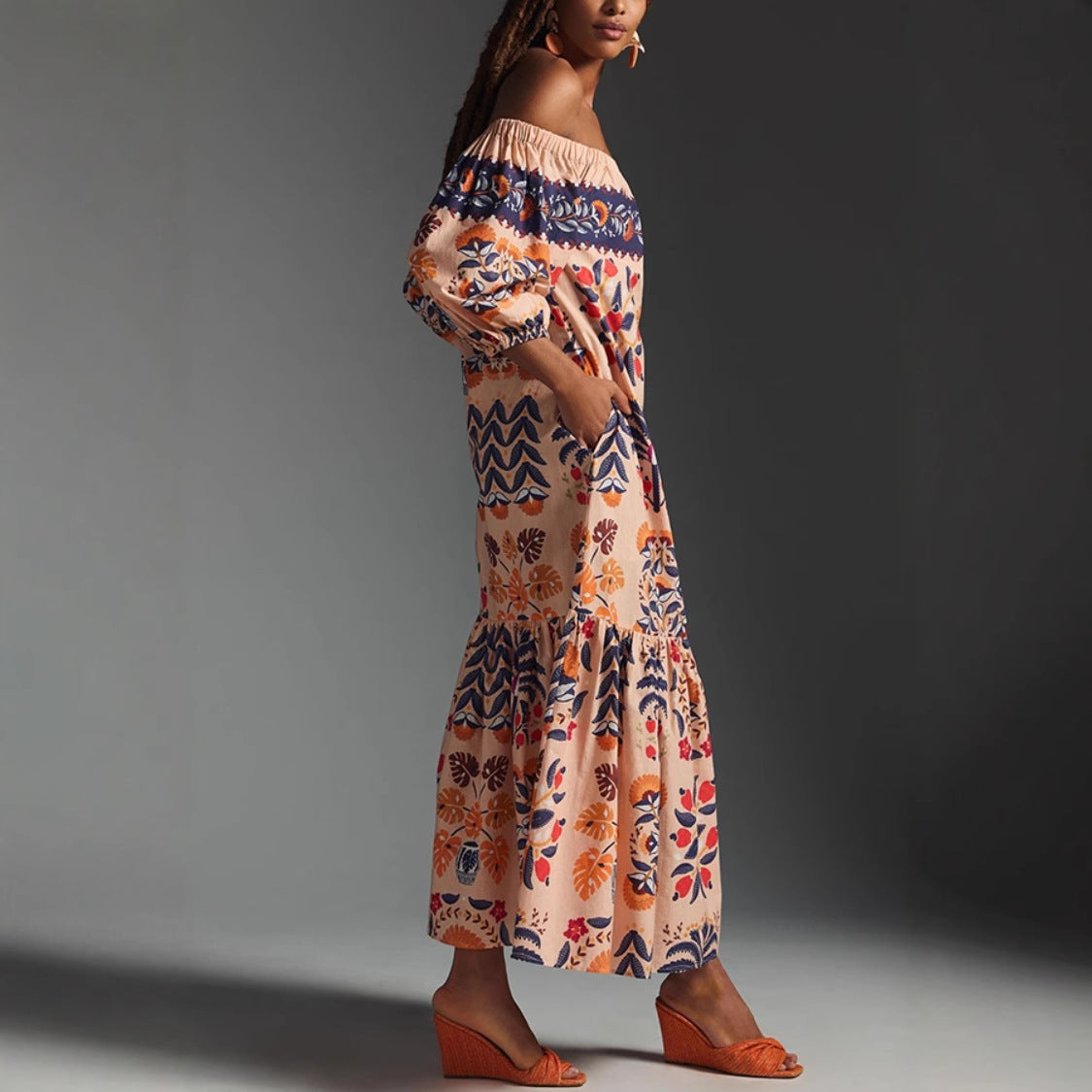 Retro Floral Off-Shoulder Pocket Maxi Dress for Women