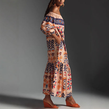 Retro Floral Off-Shoulder Pocket Maxi Dress for Women
