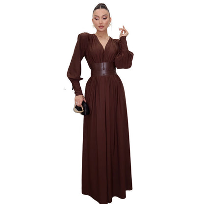 French Elegant Vintage V-Neck Loose Maxi Dress With Waist Belt