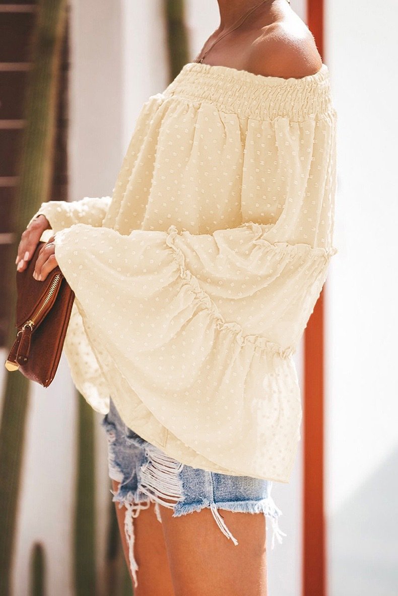 Long Sleeve Flared Chiffon Strapless Neck Openwork Blouse