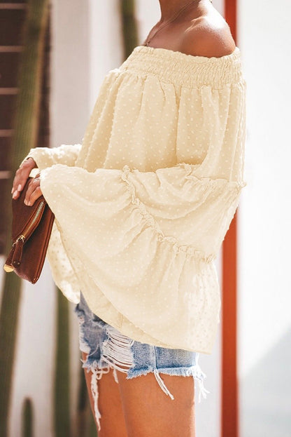 Long Sleeve Flared Chiffon Strapless Neck Openwork Blouse