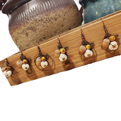 Geometric Botanical Wood Acorn Dangle Earrings