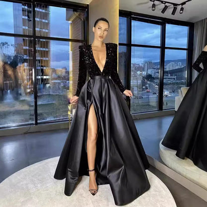 Sequined V-Neck A-Line Maxi Dress with Long Sleeves