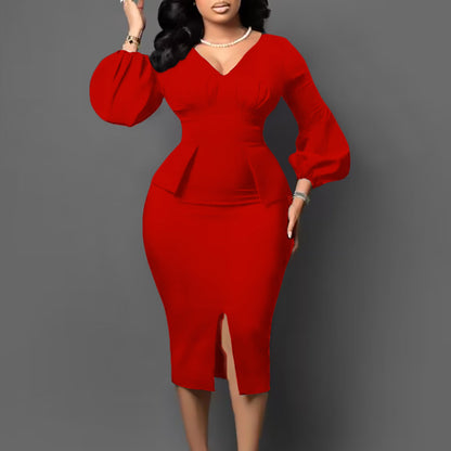 V-Neck Puff Sleeve High Waist Pencil Dress
