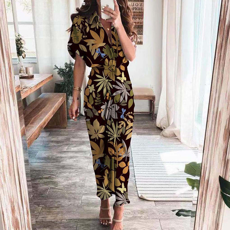 Trendy V-Neck Printed Maxi Dress Elegant Commuter Style