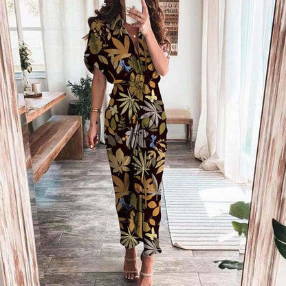 Trendy V-Neck Printed Maxi Dress Elegant Commuter Style