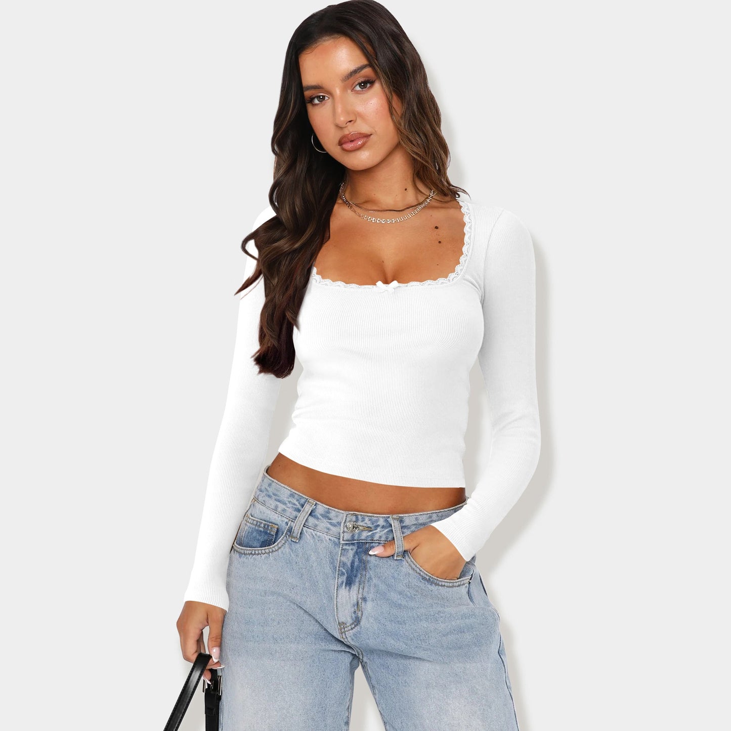 Women’s Long Sleeve Lace Trim U-Neck T-Shirt