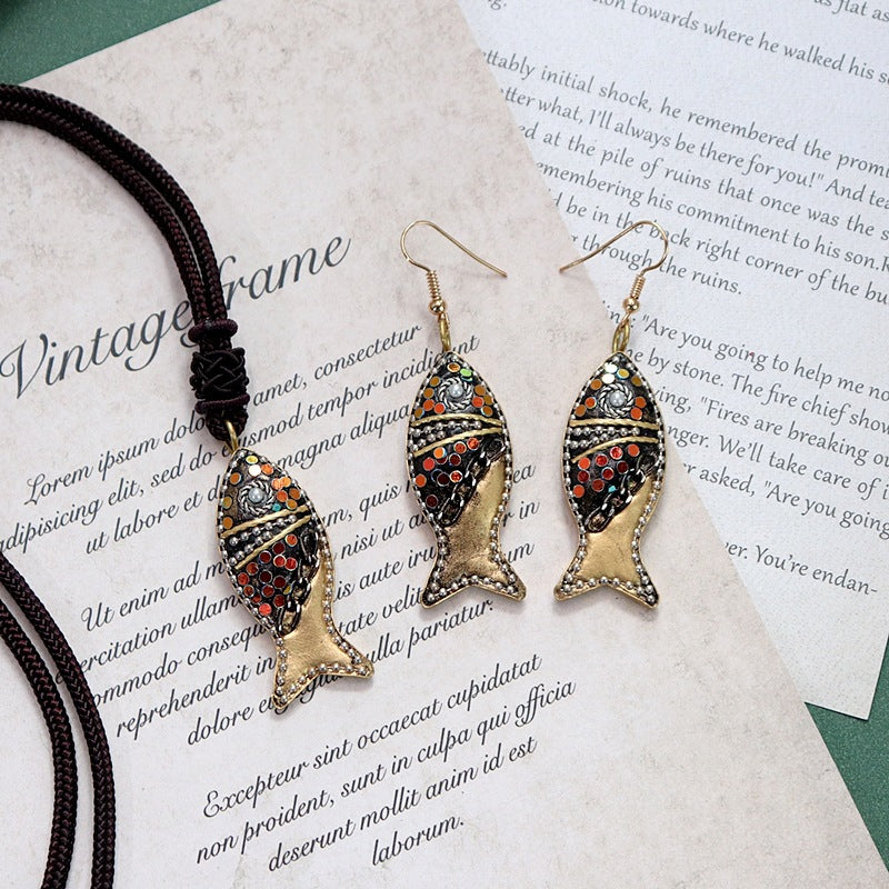 Minority Design Nepal Copper Fish Tibetan Handmade Necklace Men'S And Women'S Ethnic Style Retro Temperament Simple Earring Set