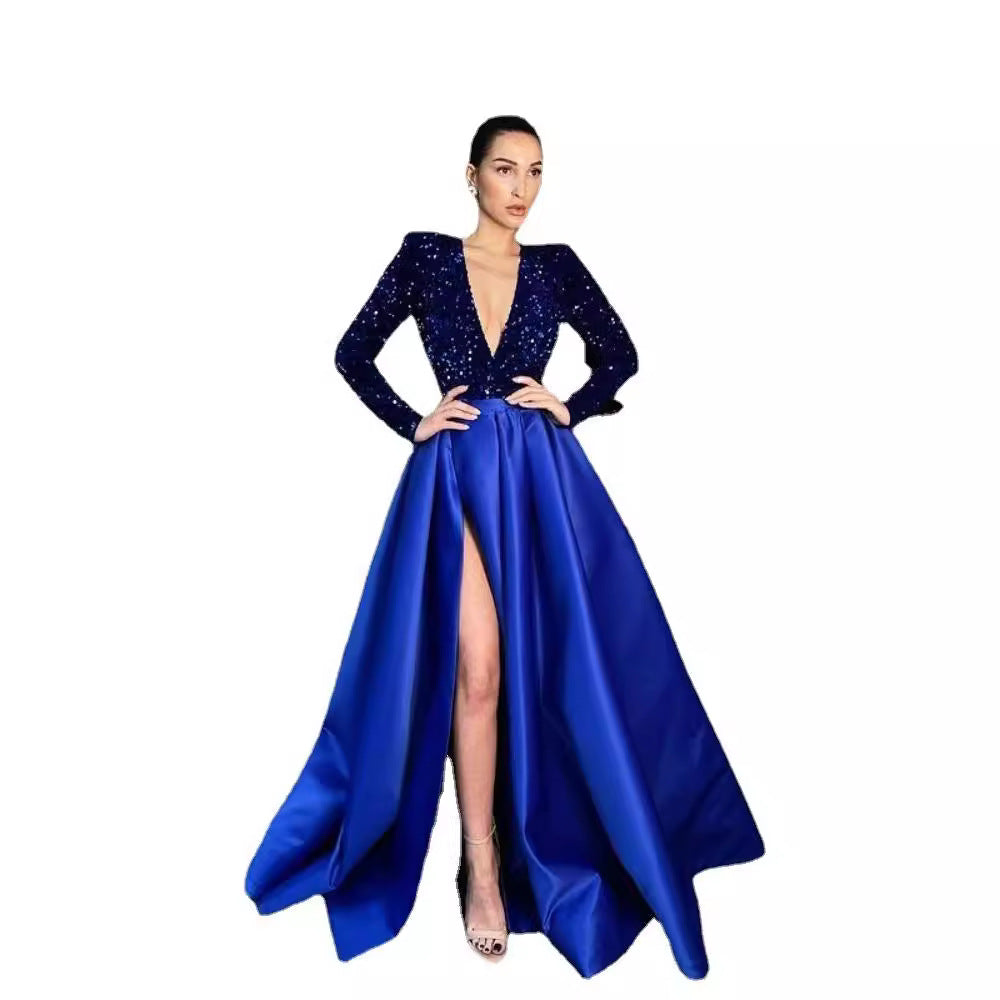 Sequined V-Neck A-Line Maxi Dress with Long Sleeves
