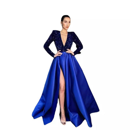 Sequined V-Neck A-Line Maxi Dress with Long Sleeves