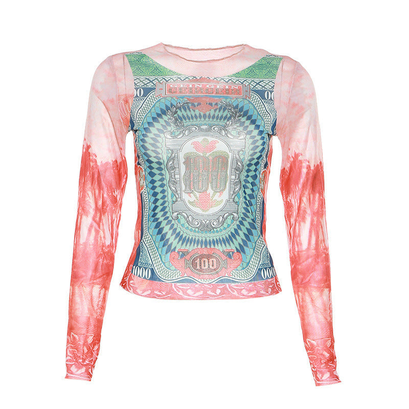Color Block Sheer Long Sleeve Top With Geometric Print
