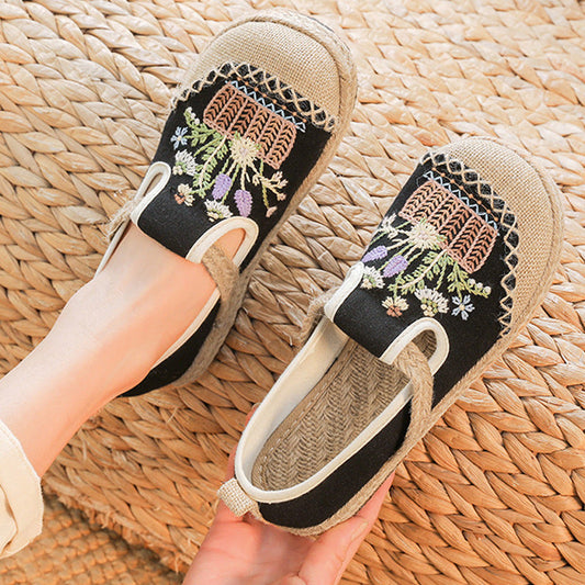 New Ethnic Style Embroidered Cloth Shoes Shallow Mouth One Pedal Low Top Old Beijing Cloth Shoes Woven Round Head Cloth Shoes Women