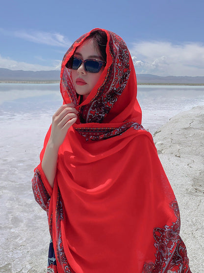 Red Ethnic Style Sunscreen Shawl Women'S Summer Thin Style Wrapped With Silk Scarves, Beach Scarves