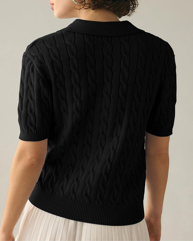 Lapel V-Neck Twist Short Sleeves Knit Tops
