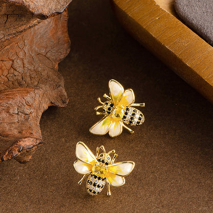 Bee Enamel Earrings With Rhinestones In Gold